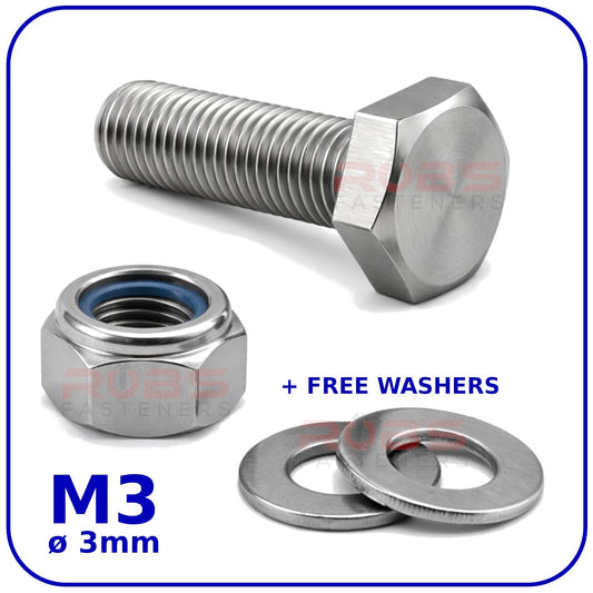 M3 Hex Set Screws Nyloc Nuts and Washers Zinc Plated BZP Full Thread Bolts 8.8