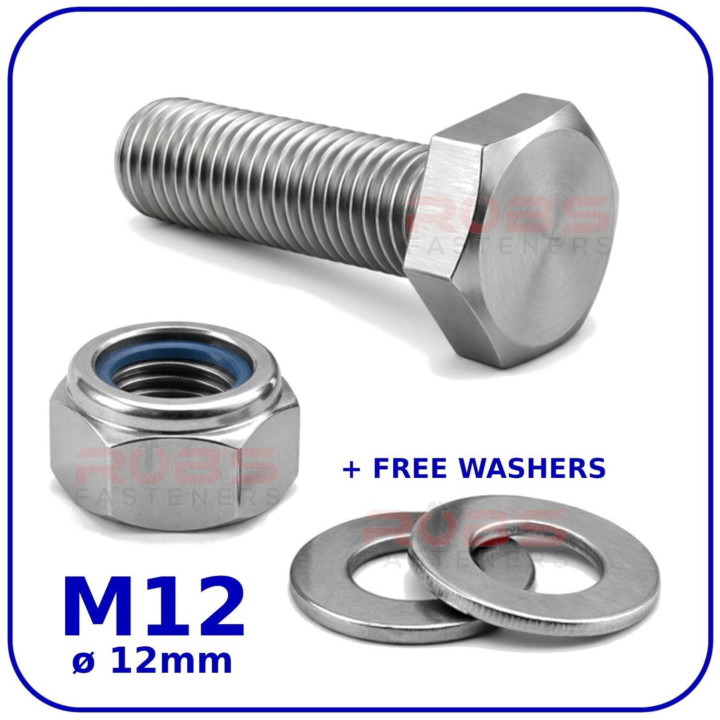 M12 Hex Set Screws Nyloc Nuts and Washers Zinc Plated BZP Full Thread Bolts 8.8