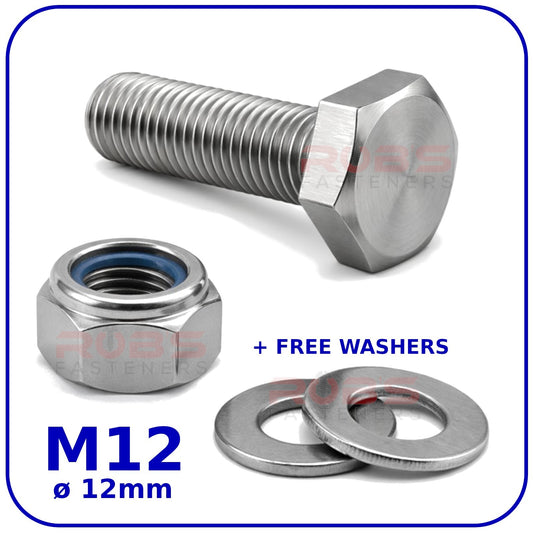M12 Hex Set Screws Nyloc Nuts and Washers Zinc Plated BZP Full Thread Bolts 8.8