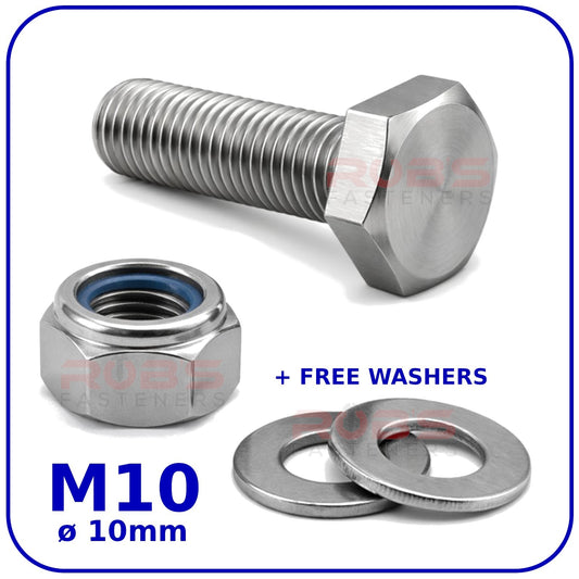M10 Hex Set Screws Nyloc Nuts and Washers Zinc Plated BZP Full Thread Bolts 8.8