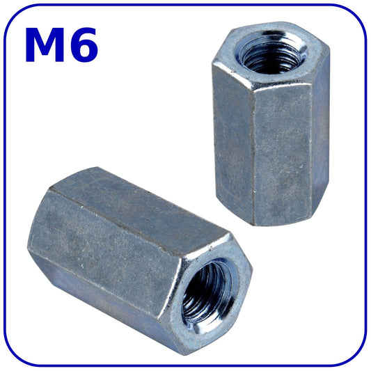 M6 Long Coupling Nuts Hex Threaded Rod Stud Connector Zinc Plated DIN 6334