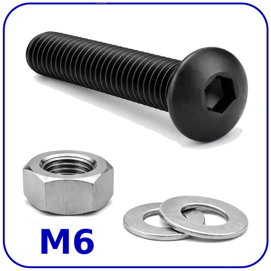 M6 Button Head Bolts and Nuts Washers Allen Socket Black Machine Screws Metric